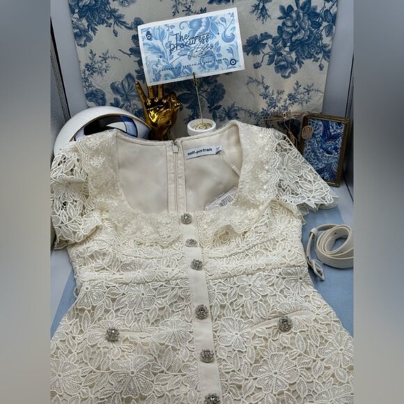 🆕 SELF-PORTRAIT 🧿 NWT Cream Guipure Lace Belted Mini Dress, Sz UK 12 US 8 - Picture 12 of 16